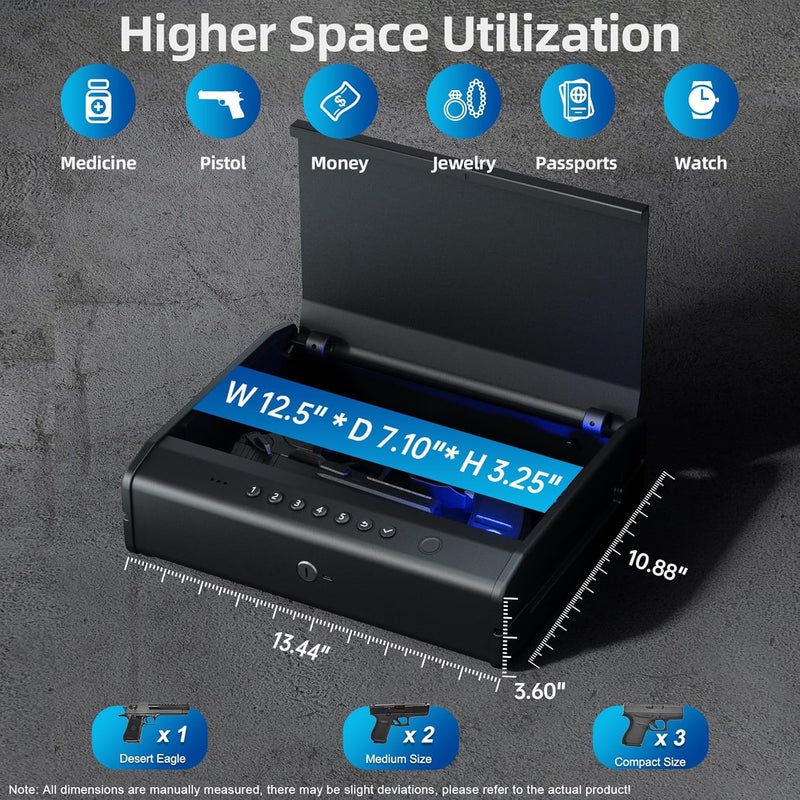 PINEWORLD Biometric Gun Safe For Handgun, Pistol Safe with Fingerprint/Backlit Keypad/Keys, 3 Quick Access Handgun Safe fits 2-3 Pistols, Gun Case with Interior LED Cable for Nightstand Car Large Size - Image 3